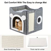Shoze Large Cat Cave For Pet House With Fluffy Ball Hanging And Scratch Pad - grey- - View 4