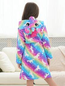 Tween Girls' Rainbow Starry Sky Unicorn Print Hooded Bathrobe - Multicolor - View 3