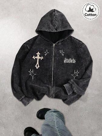 Autumn And Winter Men's Street Pattern Hooded Sweatshirt Top, Slightly Stretchy Fit, Washed With Water To Make Old Cotton Black Long Sleeved Cardigan Zipper Sweatshirt, Casual Daily Back To School Season Jacket