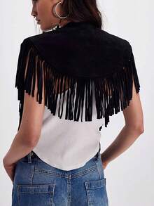 Women Tassel Vest Y2K Sleeveless Fringe Wide Eyes Suede Collar Shawl Open Front Boho Western Jacket Cardigan - 黑色 - 查看 2