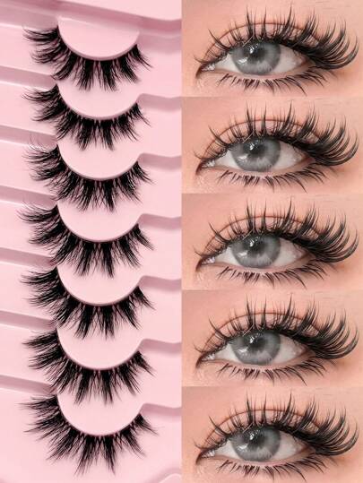  Asiteo 7 Pairs Fluffy Cat Eye False Eyelashes, Transparent Band Fake Lashes, Cartoon Style Lashes, Faux Mink Lashes, Natural & Thick Effect, Fluffy Short Lash Extension, Suitable For Daily Makeup, Essential For Makeup Bloggers, False Eyelashes