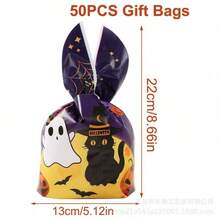 50pcs Halloween Gift Bags, Halloween Packaging Bags, Halloween Candy Bags, Halloween Decorations, Halloween Queue Supplies, 8.66*5.12inch, Cute Black Cat & Rabbit Ear Creative Design, Colorful Halloween Decorations, Suitable For Candy And Gift Packaging, Holiday Decorations