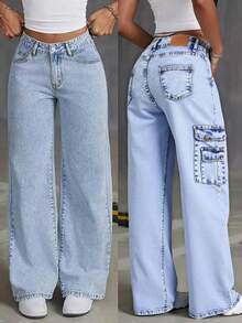 Pantalón vaquero de trabajo en azul claro con múltiples bolsillos y corte amplio, estilo urbano y versátil - Lavado ligero - Ver 2