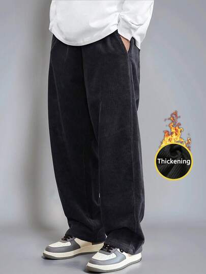 男士加厚灯芯绒裤 - 冬季保暖宽松直筒裤，带抓绒