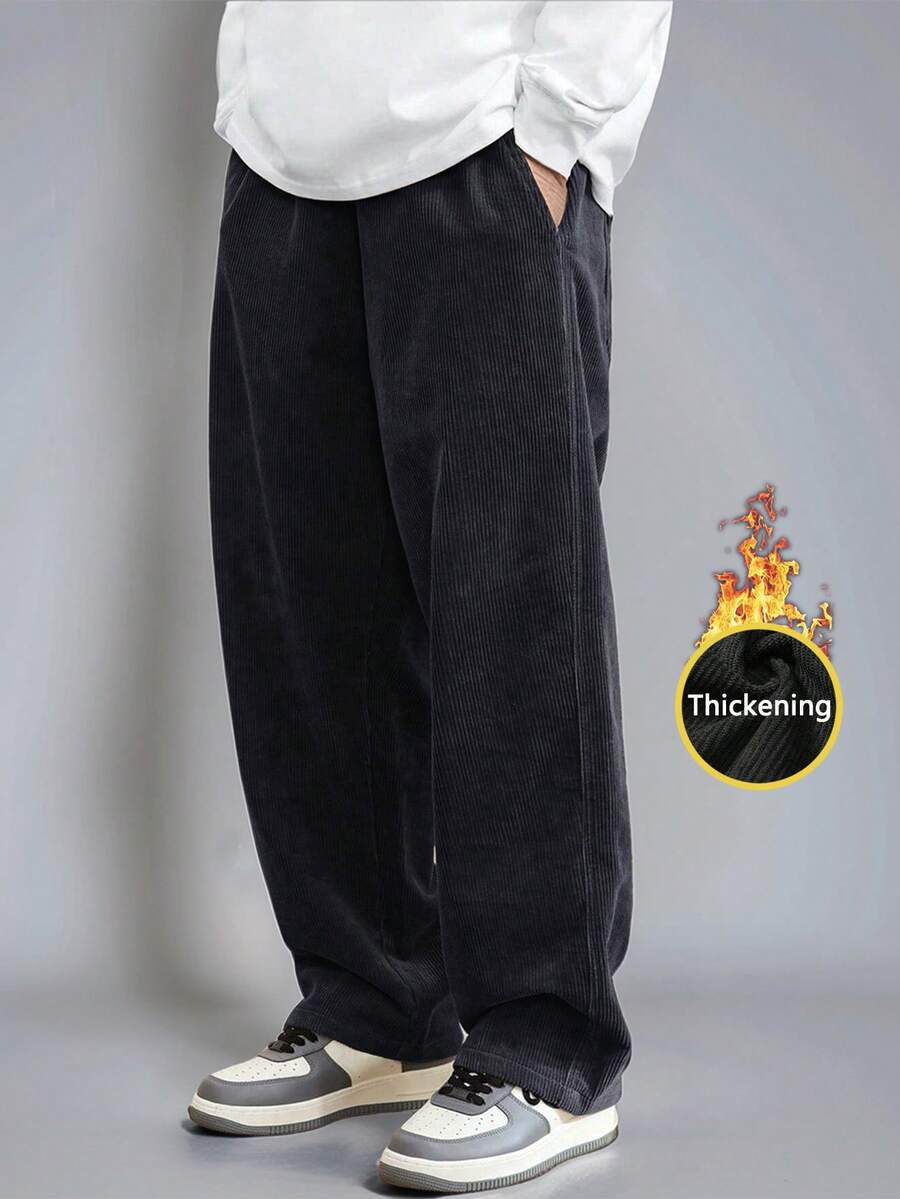 男士加厚灯芯绒裤 - 冬季保暖宽松直筒裤，带抓绒