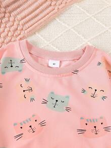 Conjunto de Roupas para Meninas Pequenas Estampa de Gato Cartoon Moletom com Capuz Ternos Esportivos Primavera Outono Roupas Infantis Blusas de Moletom Calças 2 Peças Conjuntos de Agasalhos para Conjuntos de Roupas de Bebê Meninas