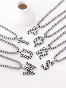 1pc Western Country Style Vintage Textured CCB Multicolor Leopard Print Black & White Plaid 26 Letter Minimalist Pendant Necklace, Sweater Chain