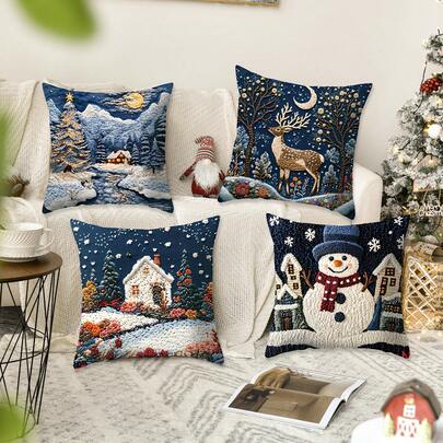 1 pieza Funda de almohada con impresión plana 2D de escena navideña con nieve, serie de paisajes nocturnos y nevados con bordado no real, casa cálida con montaña nevada, renos, muñeco de nieve y escenario de pueblo impreso, funda de almohada decorativa navideña de invierno cálido para sofá, decoraciones navideñas, artículos de funda de almohada navideña, decoraciones de ambiente navideño, funda de almohada navideña 2026