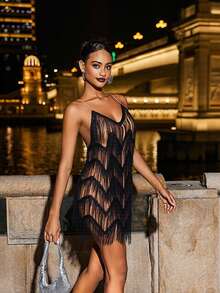 Basrey Strap V-Neck Light And Thin Sequin Fringe Cocktail Dress, Party Dress, Short Skirt Dress, Suitable For Graduation Ceremony, Birthday Party, Cocktail Party,Club Outfits Women Sexy,Birthday Dresses For Women,Vacay Outfits Women - Black - View 2