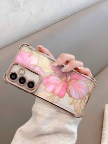 1pc Pink, Flowers, Gold Pattern Mobile Phone Case, Mobile Phone Case With Airbags On The Four Corners, Anti-Collision Mobile Phone Case, Suitable For All Models Of Apple Mobile Phones, Can Be Used For Apple 11/12/13/14/15/16/Pro/Plus/Pro Max/16e Mobile Phone Case - Vàng - Xem 4