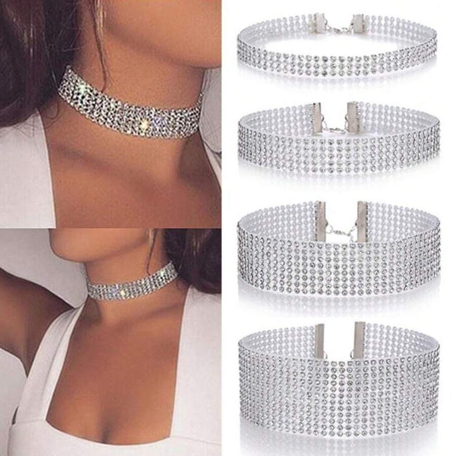 Hot-Selling Luxury Diamond-Encrusted Necklace Collarbone Chain European And American Fashion Jewelry Choker Necklace Choker - 12排金色 - 查看 1