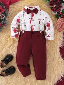 BOARNSEORL Baby Boys Gentleman Outfit, Christmas Deer Pattern Shirt With Bowknot And Red Suspender Pants, Fashionable For Birthday Party, Wedding, Christmas - Red - View 11