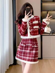 RUIWY 2 件套节日派对女士服装：格子图案夹克和修身迷你裙，温暖时尚，适合春季和冬季 - 紅色 - 查看 1