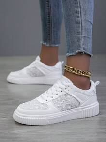 秋冬女士休闲鞋、时尚运动鞋、街头风格小白鞋、轻便滑板鞋 - 白色 - 查看 3