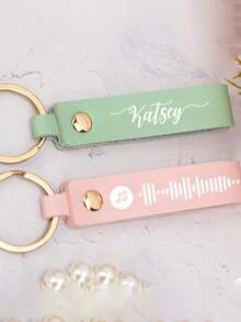 1pc Personalized Name Leather Keychain, Customized Text Music Code Design Key Ring, Minimalist Bag Charm, Car Key Accessory, Gift For Friends And Family - Multicolor - View 7