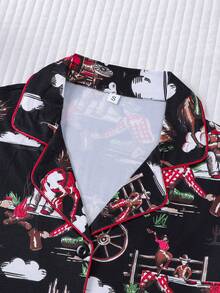 Bộ đồ ngủ 2 món họa tiết xe ngựa cao bồi miền Tây cho nữ, quần đùi hoạt hình, cạp chun, cổ bẻ, thoải mái cho mọi mùa - màu đen - Xem 4