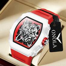 ONOLA Brand Chronograph Quartz Watch For Men Tonneau Dial Sport Waterproof Wristwatch Milk White Silicone Strap Auto Date Watch - Màu vàng - Xem 3