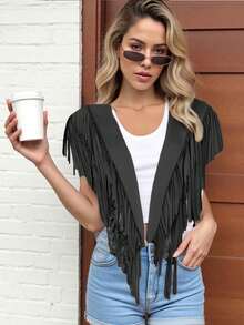 Women Tassel Vest Y2K Sleeveless Fringe Wide Eyes Suede Collar Shawl Open Front Boho Western Jacket Cardigan - 黑色 - 查看 4