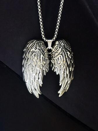 1pc New European & American Stylish Men's Stainless Steel Necklace With Vintage Angel Wings Pendant, Saint Benedict Key Pendant, Hip Hop Airplane Pendant, Suitable For Outfit Matching, Holiday Gift, Daily Wear