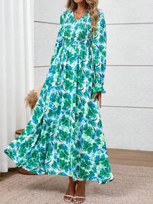 Women's Fall Long-Sleeved Floral Maxi Dress, Casual Pleated V-Neck Bohemian Style A-Line Flowing Maxi Dress, Suitable For Wedding Guests - 白底綠花 - 查看 3