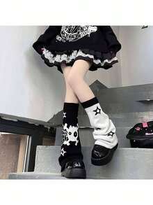 1 Pair Women's Halloween Striped Contrast Color Leg Warmers, Reversible Gothic Style Skull Design Leg Sleeves, Versatile Costume Leg Warmers Winter Women