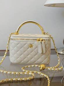 1pc Black Casual Versatile Handheld Small Square Bag, Fashionable Embroidered Checkered Fabric, Suitable For - Beige - View 2
