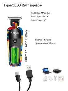 Kemei KM-MAX5090 專業理髮器 T-Blade 0mm 零間隙雕刻理髮器 C-Type 男士塗鴉設計鬍鬚修剪器 男友禮物 - 彩色 - 查看 4
