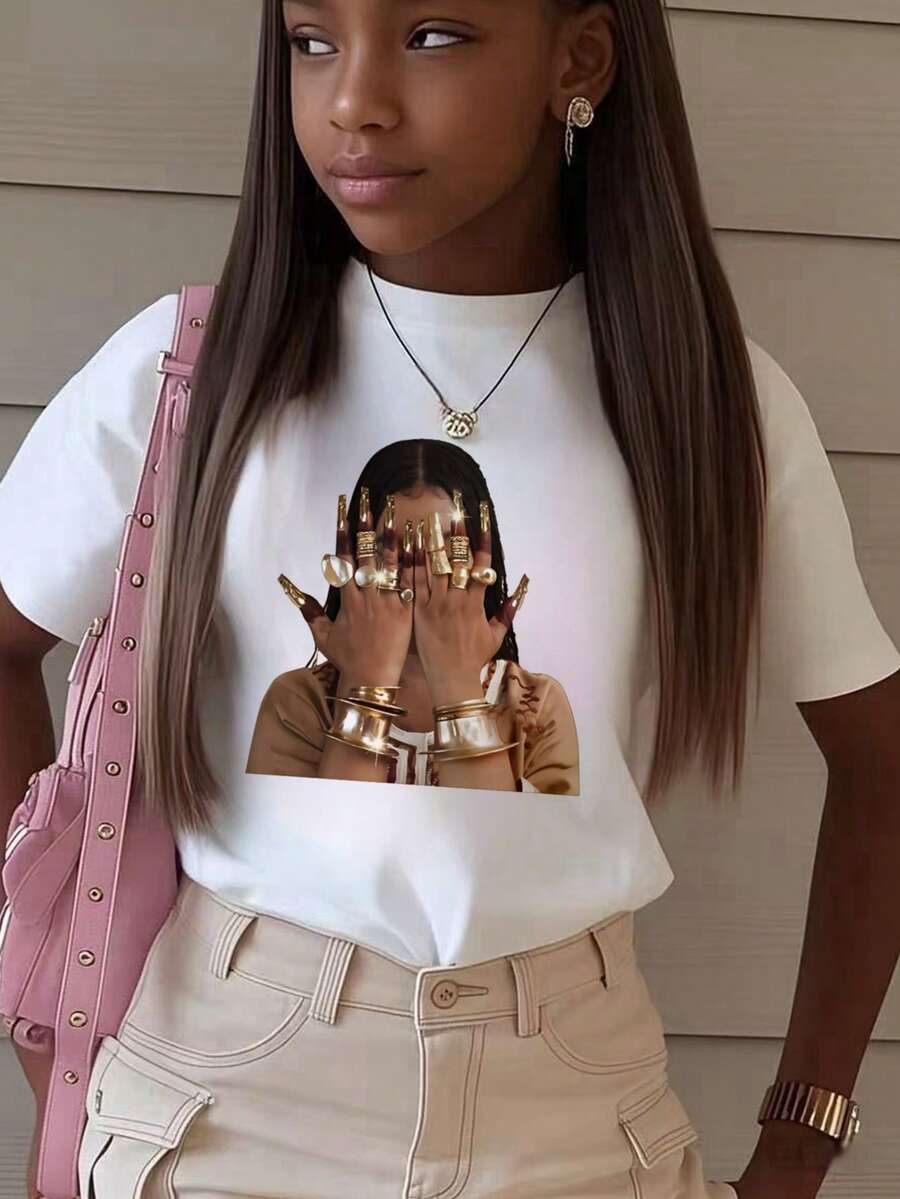 1 件女童休闲字母印花圆领短袖 T 恤，夏季学生年轻休闲装 - 简约英文字母风格 T 恤激发想象力和自我表达 - 白色 - 查看 1