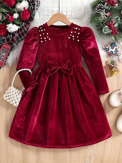 年轻女孩冬季毛绒水钻3D蝴蝶结纯色优雅连衣裙