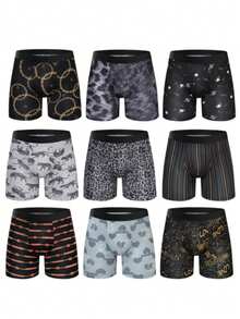 6pcs Random Men'S Comfortable Slim Shaping Underwear - Breathable, Elastic, Quick Drying, Elastic Waistband, Suitable For Spring Sports, Sports, And Casual Wear - Long Boxer Underwear - Soft, Lightweight, And Moisture Absorbing.  Casual    Striped  All Over Print    Mid Rise - 混合顏色 - 查看 2