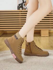 Women's Flat Lace-Up Fashion Western Boots, Lightweight Soft Sole Durable Outdoor Casual Side Zipper Ankle Boots, Autumn/Winter