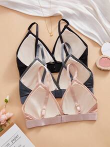 3件套女士夏季法式三角杯真丝文胸，无钢圈，可拆卸胸垫，可调节肩带，休闲简约，日常百搭纯色深V文胸 - 彩色 - 查看 3