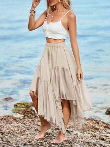 Womens Summer Boho Maxi Skirt Casual Asymmetric High-Low Hem Flowy Bohemia Long Skirt - 米色 - 查看 2