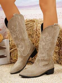 Women's Western Boots, Faux Suede Classic Embroidered Wide Calf Boots, Slip-On Pointed Toe Chunky Heel Fashionable Retro Mid-Calf Boots, Suitable For Girls And Women In Autumn/Winter,Cowboy Boots - Khaki - View 2