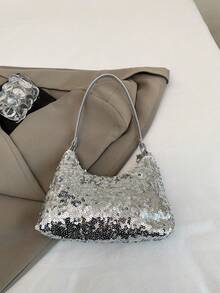 1pc Fashionable Sequin Silver Tote Bag, Casual Women's Shoulder Bag, Versatile White Backpack - Silver - View 7