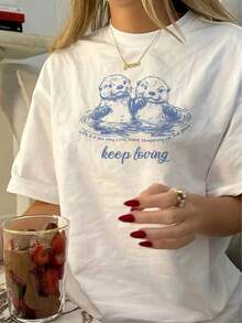 Women's Casual Short-Sleeved T-Shirt-Double Otter Pattern "Keep Loving" Print, White Blue Ripple Design, Medium Stretch Crew Neck Top, Machine Washable In Spring, Summer And Autumn, Loose Design For Daily Wear, Comfortable Fabric - 白色 - 查看 6