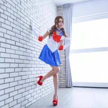 Sailor Anime Outfit School Uniform Romper With Pleated Skirt Cosplay Costume For Women - 藍色 - 查看 2