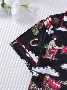 Bộ đồ ngủ 2 món họa tiết xe ngựa cao bồi miền Tây cho nữ, quần đùi hoạt hình, cạp chun, cổ bẻ, thoải mái cho mọi mùa - màu đen - Xem 5
