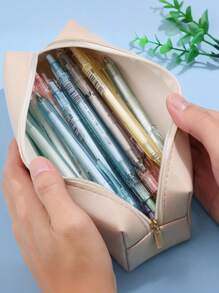 Back To School Season 1 Piece Three-Dimensional Leather Simple Pencil Case Unisex Makeup Brush Storage Bag Zipper Stationery Foldable Convenient PU Makeup Stationery Pencil Pen Storage Bag Gift - Black - View 5