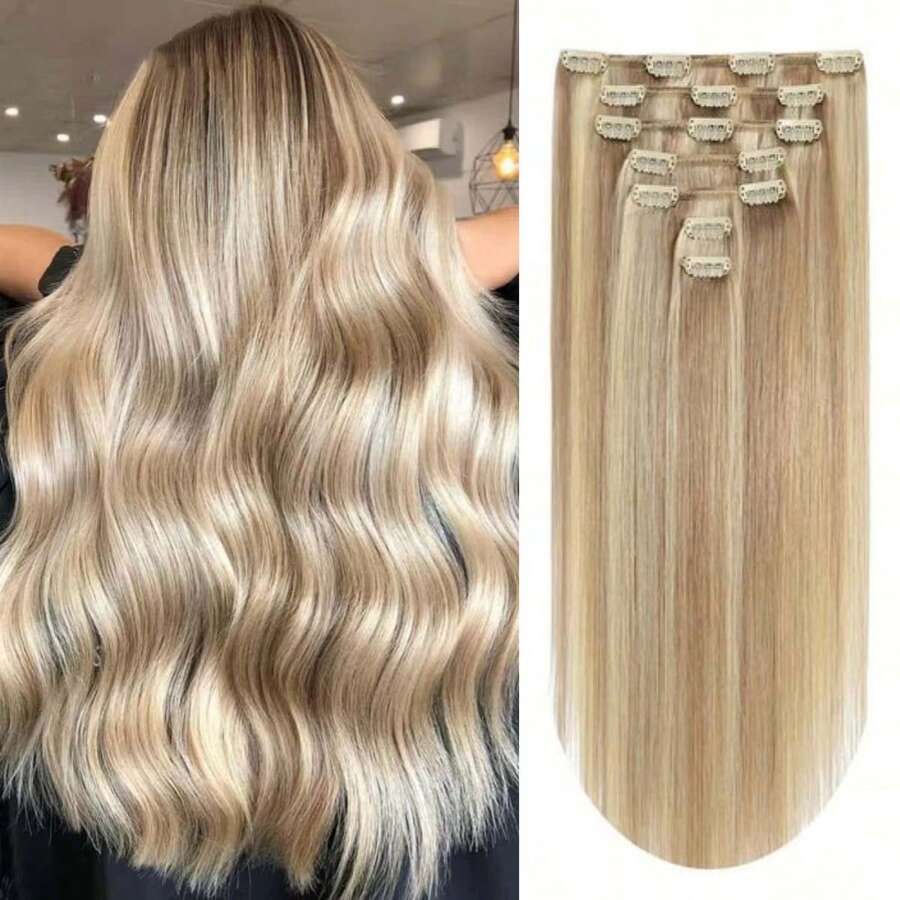8Pcs Clip In Hair Extensions Real Human Hair P8/613 Color Brown Highlight Blonde For Women Daily Use Real Easy Wear To Go - S8/613 - View 1
