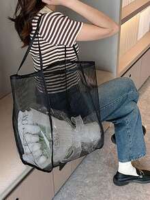 1/2 Peças Bolsa de Ombro de Tela, Bolsa de Praia de Grande Capacidade, Bolsa de Armazenamento Versátil e Multifuncional, Bolsa de Tela para Praia, Adequada para Itens de Viagem ao Ar Livre, Cosméticos, Roupas, Compras, Organizador de Artigos de Toalete, Bolsa de Armazenamento para Banheiro - Multicolorido - Visão 7