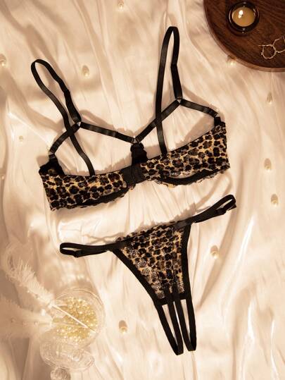 Leopard Print Kanten Patchwork Mesh Crotchless Panties Women Verleidelijke Lingerie Set view 4
