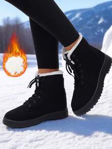 女式轻便厚实保暖雪地靴，短筒，冬季毛绒内衬，圆头，加大码，耐寒，平底，防滑，尺码 35-44 - 黑色 - 查看 5