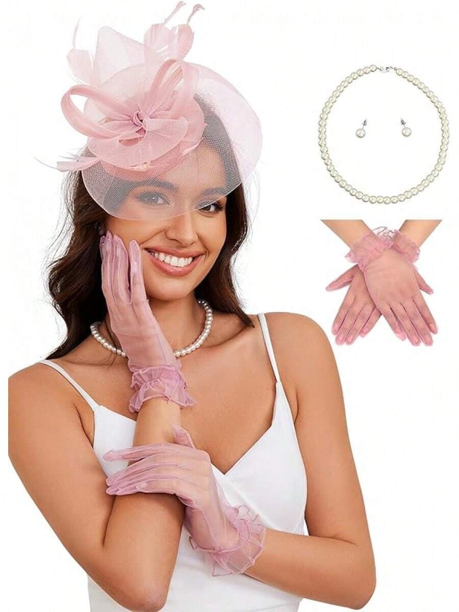 Ibeauti Fascinator Hats With Screentouch Lace Gloves Set Women Tea Party Cocktail Wedding Derby Headwear Short Gloves - 07 Nude Pink - 查看 1