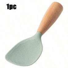 1pc   Silicone Kitchen Partner With Wooden Handle :Non Slip Convex Point For Serving Rice, Flat Shovel For Scraping Pot, No Marks, Comfortable Grip With Wooden Handle - màu xanh lá - Xem 3
