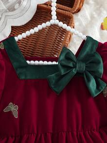 Girls' Sweet Bowknot & Embroidery Decor Long Sleeve Dress, Suitable For Spring/Autumn, Christmas Party, Family Gathering, Outdoor Play, And Daily Wear - 酒紅色 - 查看 3