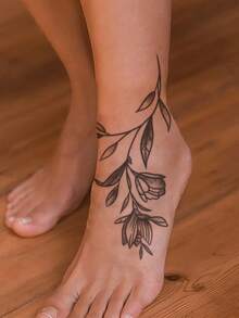 1pc Waterproof Sweat-Proof Washable Temporary Tattoo Sticker, PVC Personalized Premium Design Ink Rose Floral Unique Fake Tattoo, Fashionable Plant Floral Pattern Suitable For People Daily Use - Black - View 5
