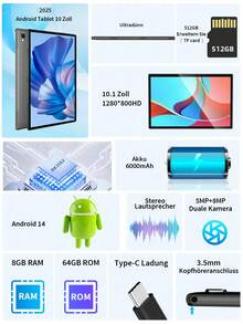 JJGJ 2025 Android 14 Tablet With Keyboard, 8GB RAM + 64GB ROM, 1TB SD Expansion, 10.1-Inch 1280*800 IPS Screen, 2.4g + 5g WiFi, 6000mAh, Type-C Port, 5MP + 8MP Dual Camera, With Free Keyboard, Mouse, Stylus, Leather Case, Screen Protector, Data Cable (No Adapter) - Black - 黑色 - 查看 2