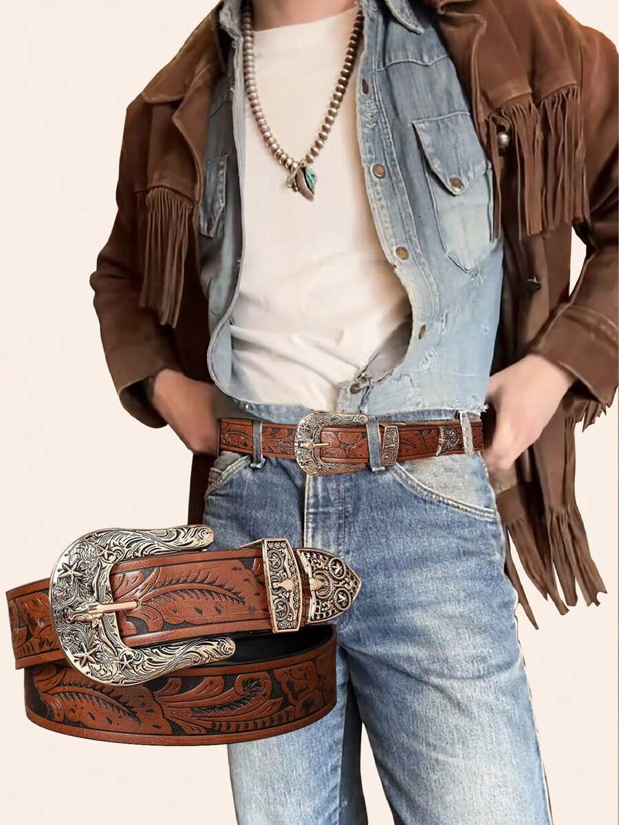 1pc Men's Retro Western Style Carved Metal Buckle Flower Embossed Pattern Belt, A Versatile Decorative Belt For Jeans - Gold Carved Bull Head Buckle - View 1