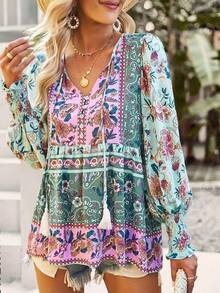 Plus Women's Printed Lace Up Button V-Neck Ruffle Patchwork Shirt Spring - Light Green - View 5